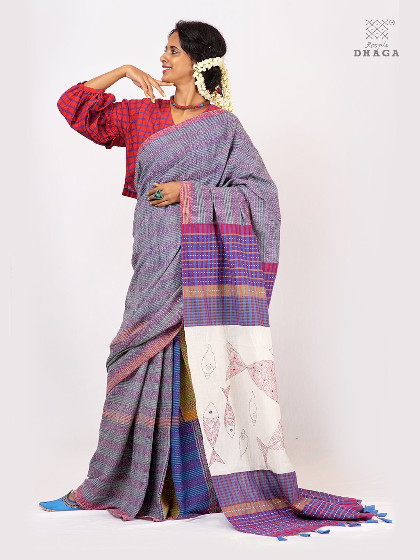 Hand-Embroidered Fish-Fishy Handloom Gamcha Patchwork Kantha Stitch Saree |  Includes Blouse Piece GS125