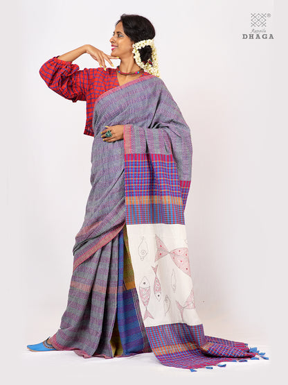 Hand-Embroidered Fish-Fishy Handloom Gamcha Patchwork Kantha Stitch Saree |  Includes Blouse Piece GS125
