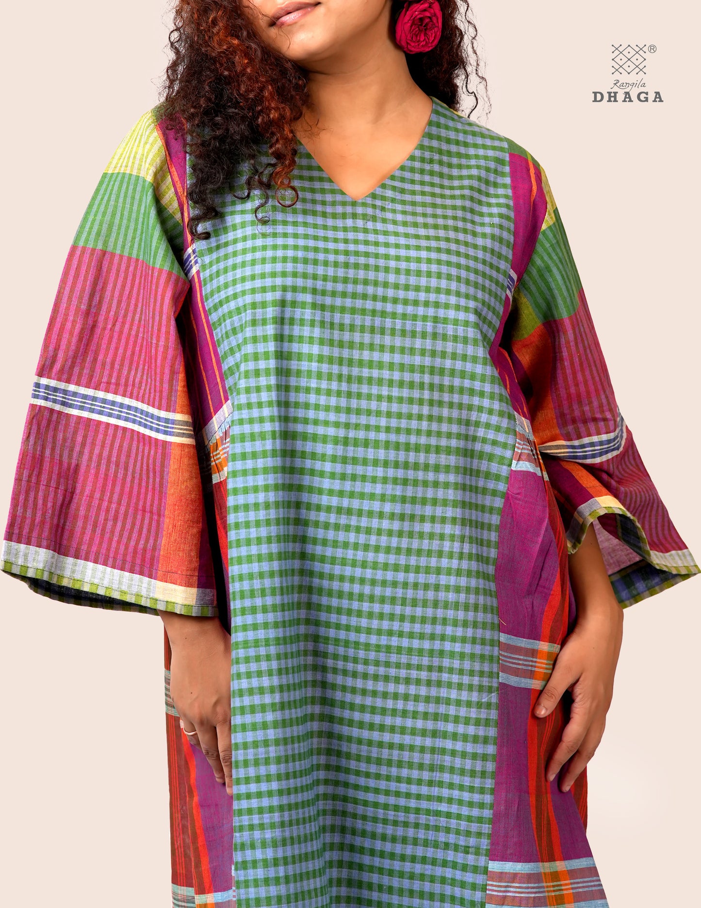 Hand Embroidered Multicolor Handloom Gamcha Dress | Artisan Cotton Dress | Rangila Dhaga | Rangila Dhaga KD006