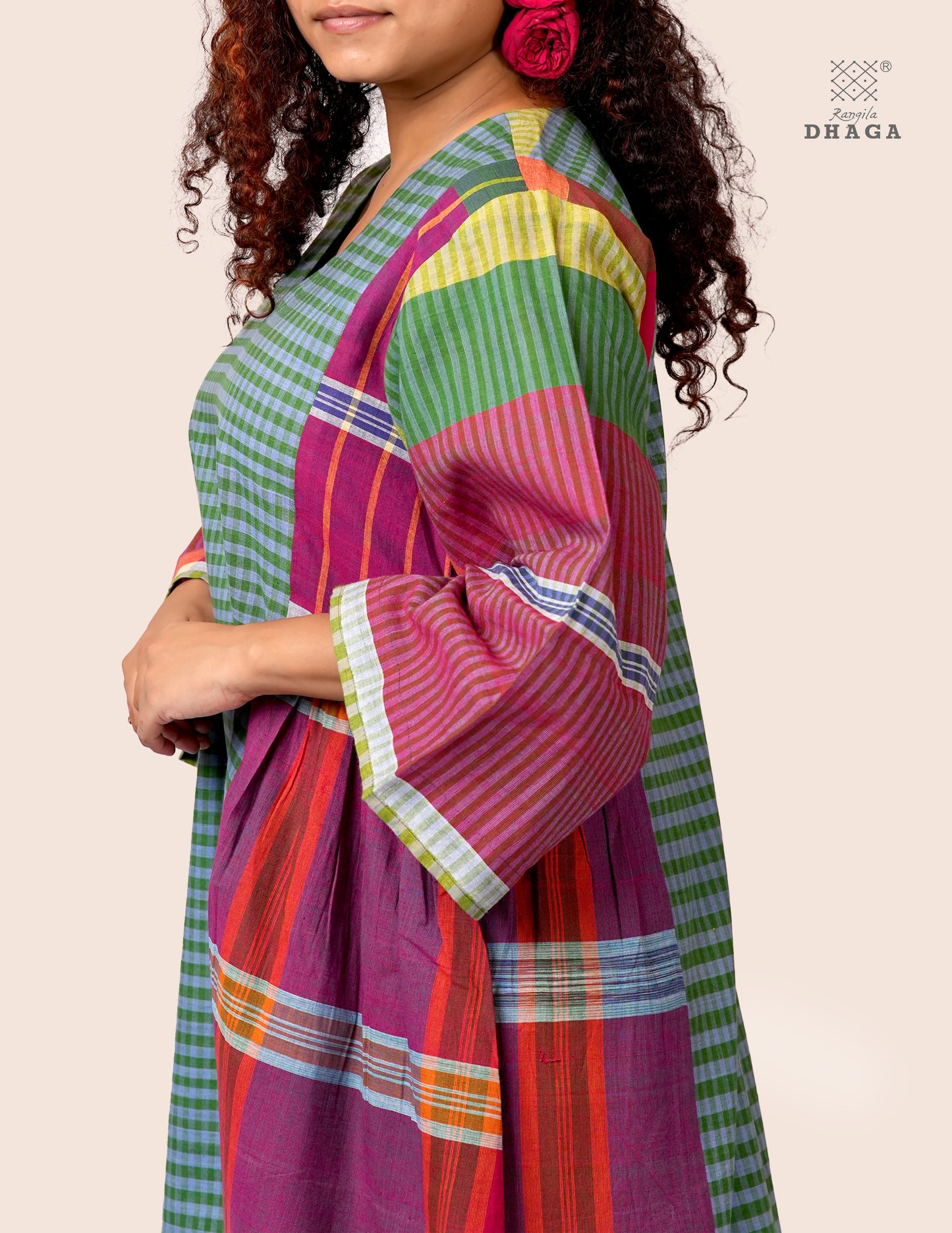 Hand Embroidered Multicolor Handloom Gamcha Dress | Artisan Cotton Dress | Rangila Dhaga | Rangila Dhaga KD006