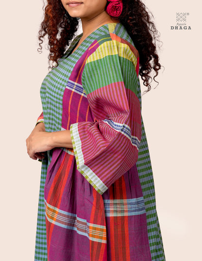 Hand Embroidered Multicolor Handloom Gamcha Dress | Artisan Cotton Dress | Rangila Dhaga | Rangila Dhaga KD006