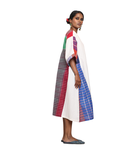 Handloom white cotton & multicolor gamcha patchwork free size dress with pockes- KD04