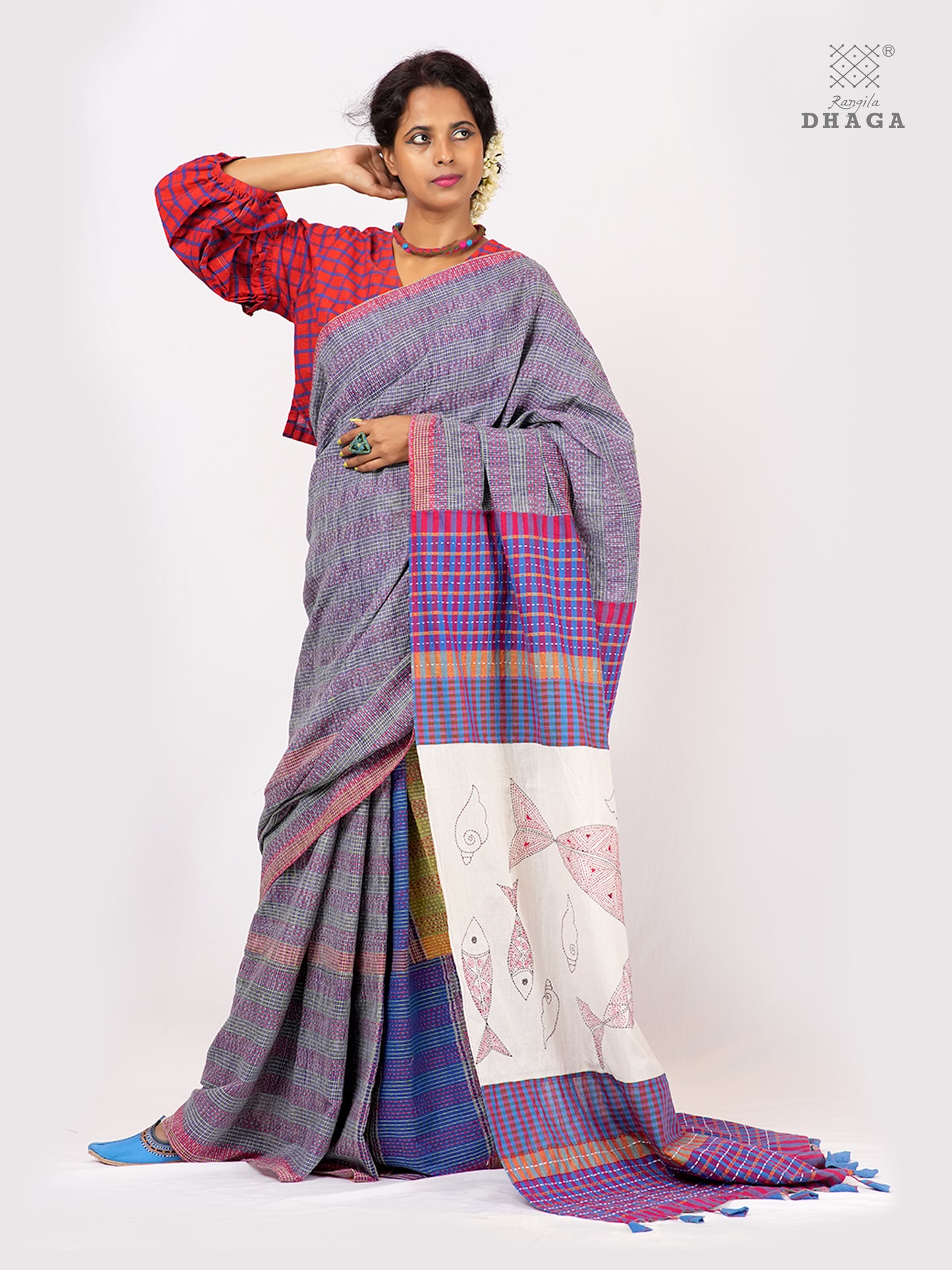 Hand-Embroidered Fish-Fishy Handloom Gamcha Patchwork Kantha Stitch Saree |  Includes Blouse Piece GS125