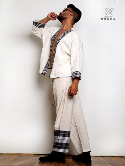 Handloom Cotton Ivory Co-Ord Set with Black White Gamcha Border & Kantha Stitch Man22