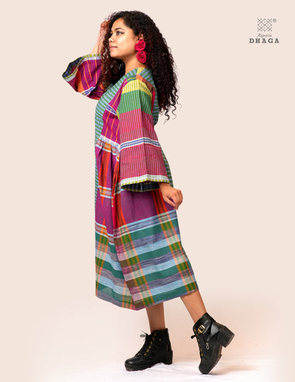 Hand Embroidered Multicolor Handloom Gamcha Dress | Artisan Cotton Dress | Rangila Dhaga | Rangila Dhaga KD006