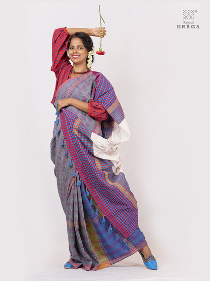 Hand-Embroidered Fish-Fishy Handloom Gamcha Patchwork Kantha Stitch Saree |  Includes Blouse Piece GS125