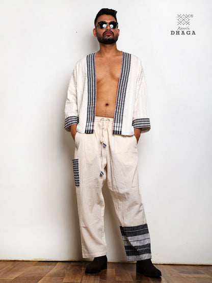 Handloom Cotton Ivory Co-Ord Set with Black White Gamcha Border & Kantha Stitch Man22