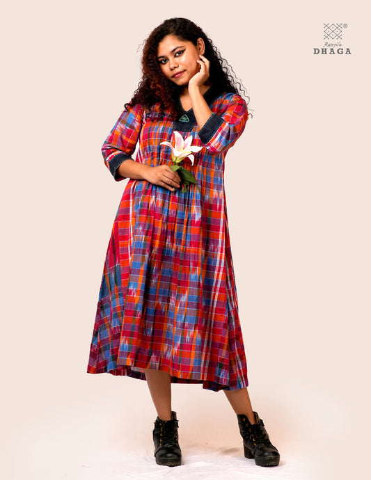Handloom Kotki Gamcha  A-Line Kurta | Multicolor Cotton Dress D58
