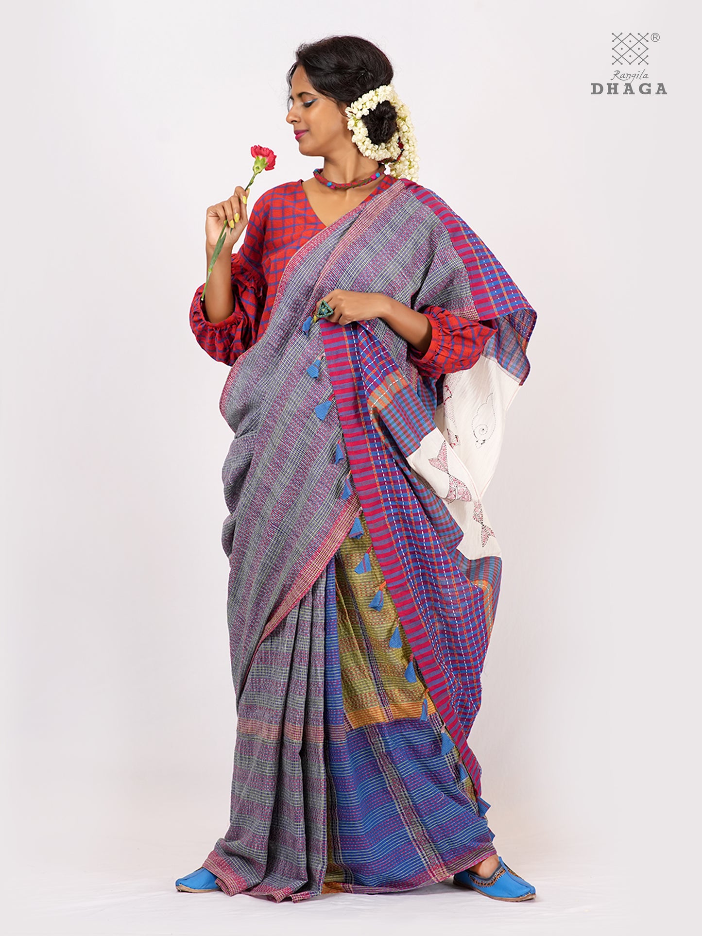 Hand-Embroidered Fish-Fishy Handloom Gamcha Patchwork Kantha Stitch Saree |  Includes Blouse Piece GS125