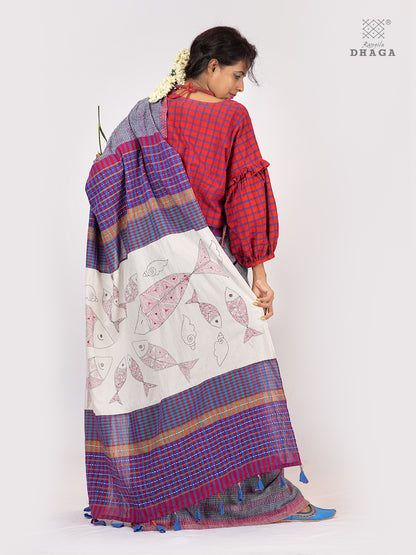 Hand-Embroidered Fish-Fishy Handloom Gamcha Patchwork Kantha Stitch Saree |  Includes Blouse Piece GS125