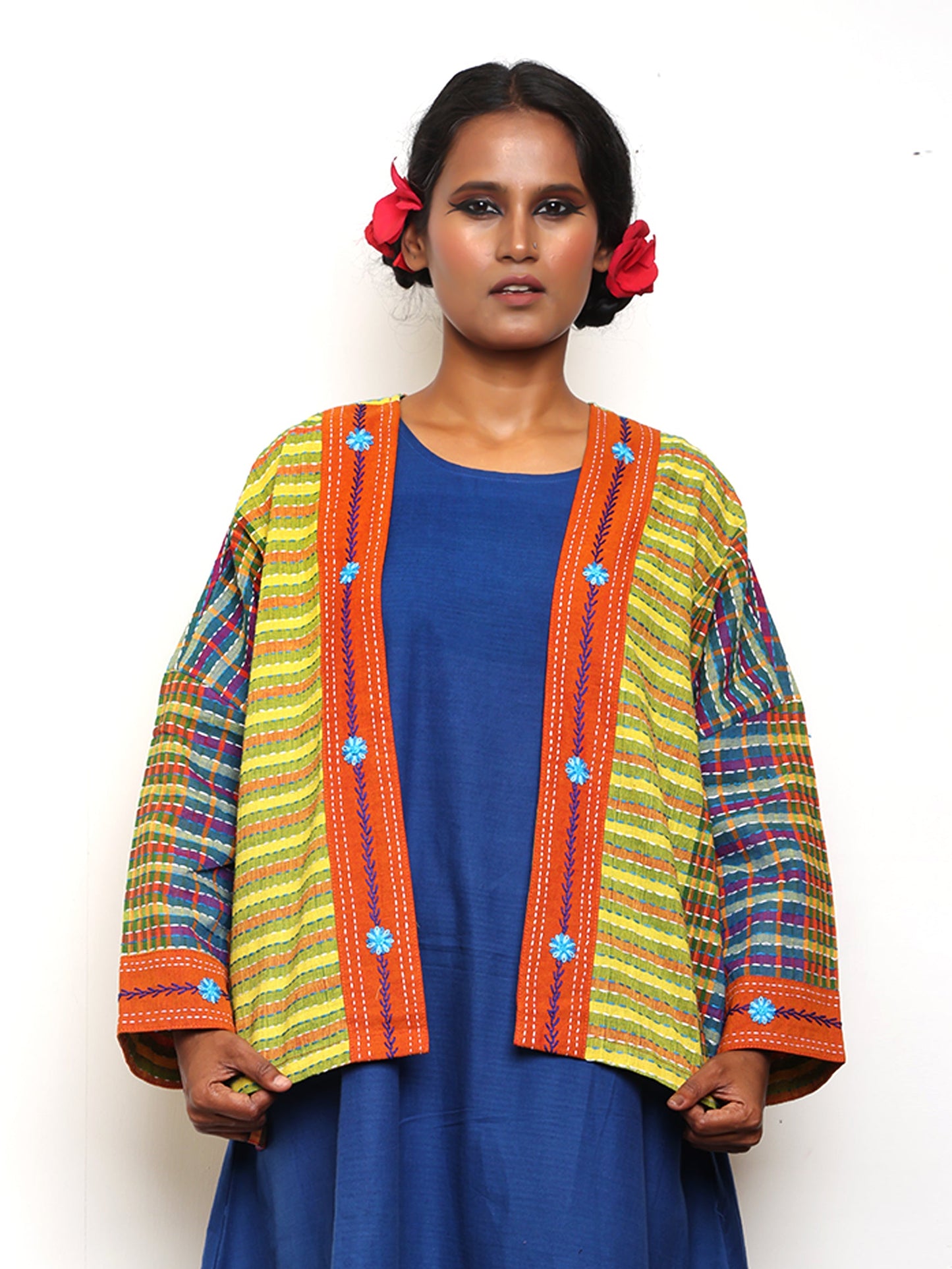 Handembroidered kantha stitch gamcha free size short jaket with hand embroidered flower desing border