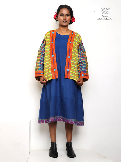 Handembroidered kantha stitch gamcha free size short jaket with hand embroidered flower desing border