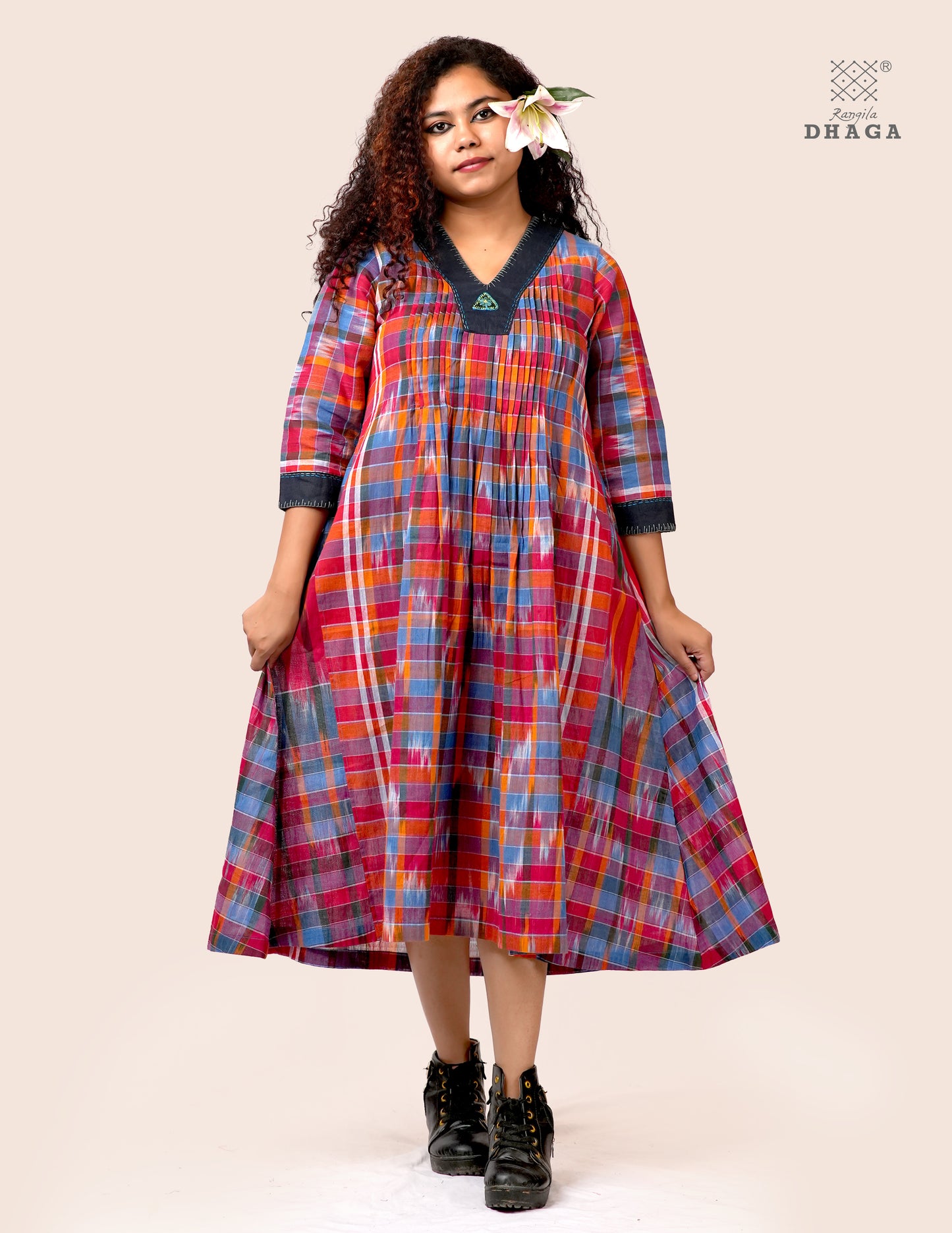 Handloom Kotki Gamcha  A-Line Kurta | Multicolor Cotton Dress D58