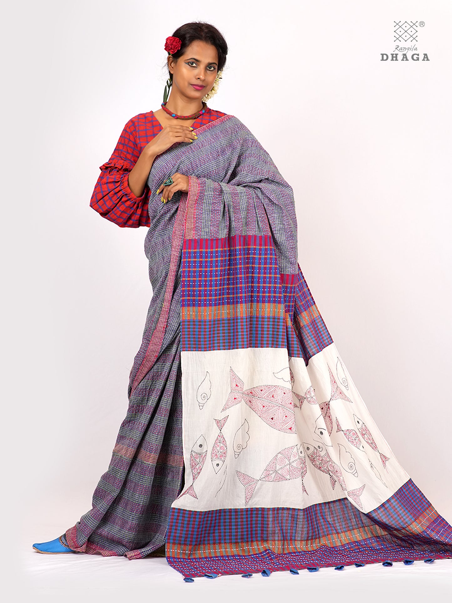 Hand-Embroidered Fish-Fishy Handloom Gamcha Patchwork Kantha Stitch Saree |  Includes Blouse Piece GS125