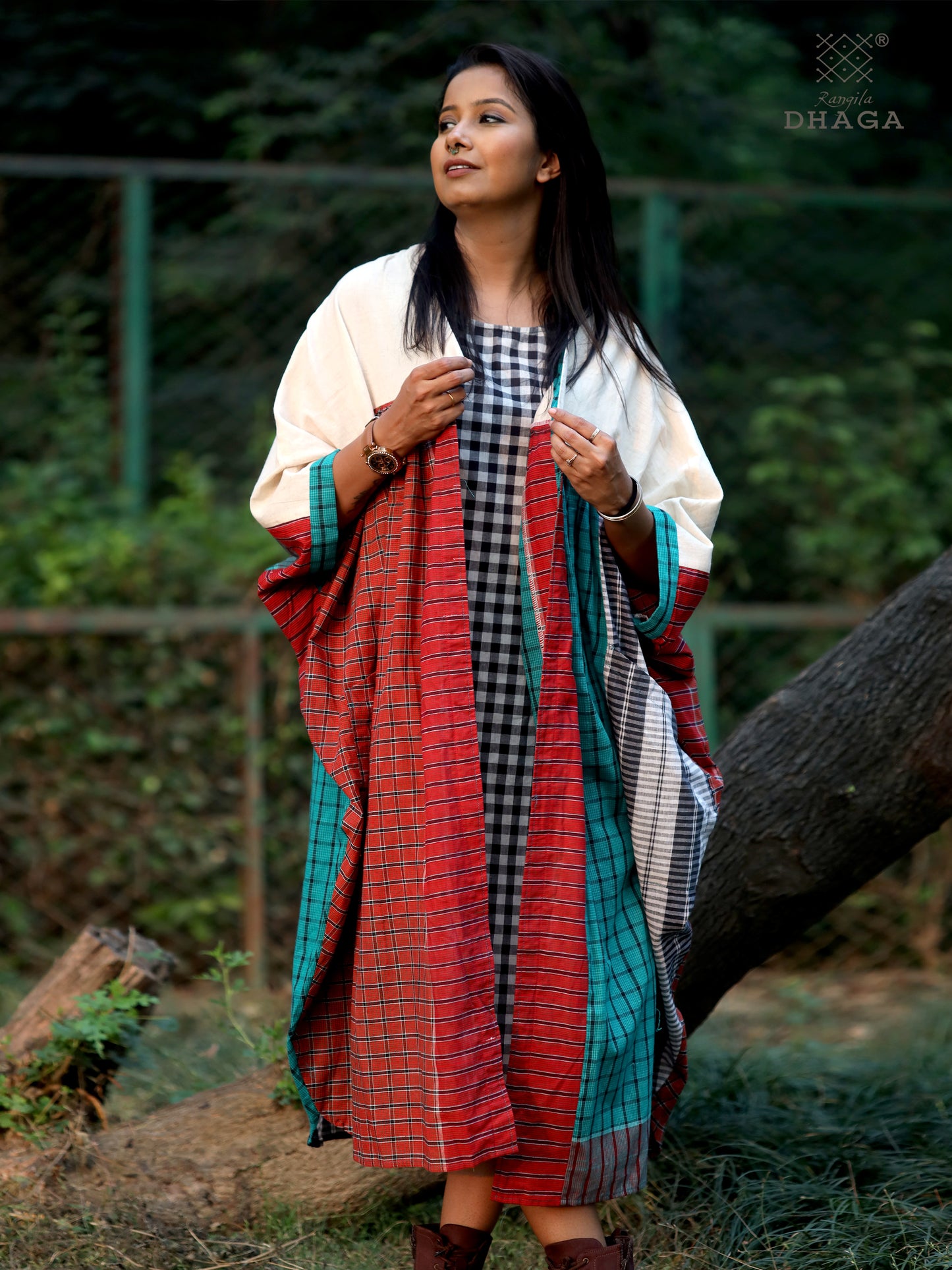Shrug Long  Free Size  Gamcha Fashion Handloom Cotton Brown and White SHR30