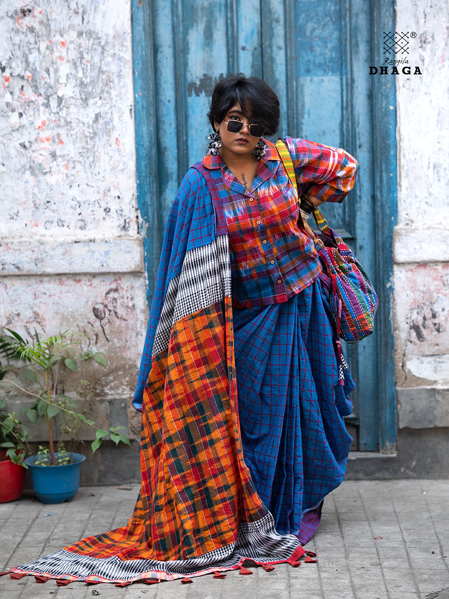 Patchwork Saree Gamcha Fashion Handloom Cotton Fabric  Blue & Red Multicolor GS114