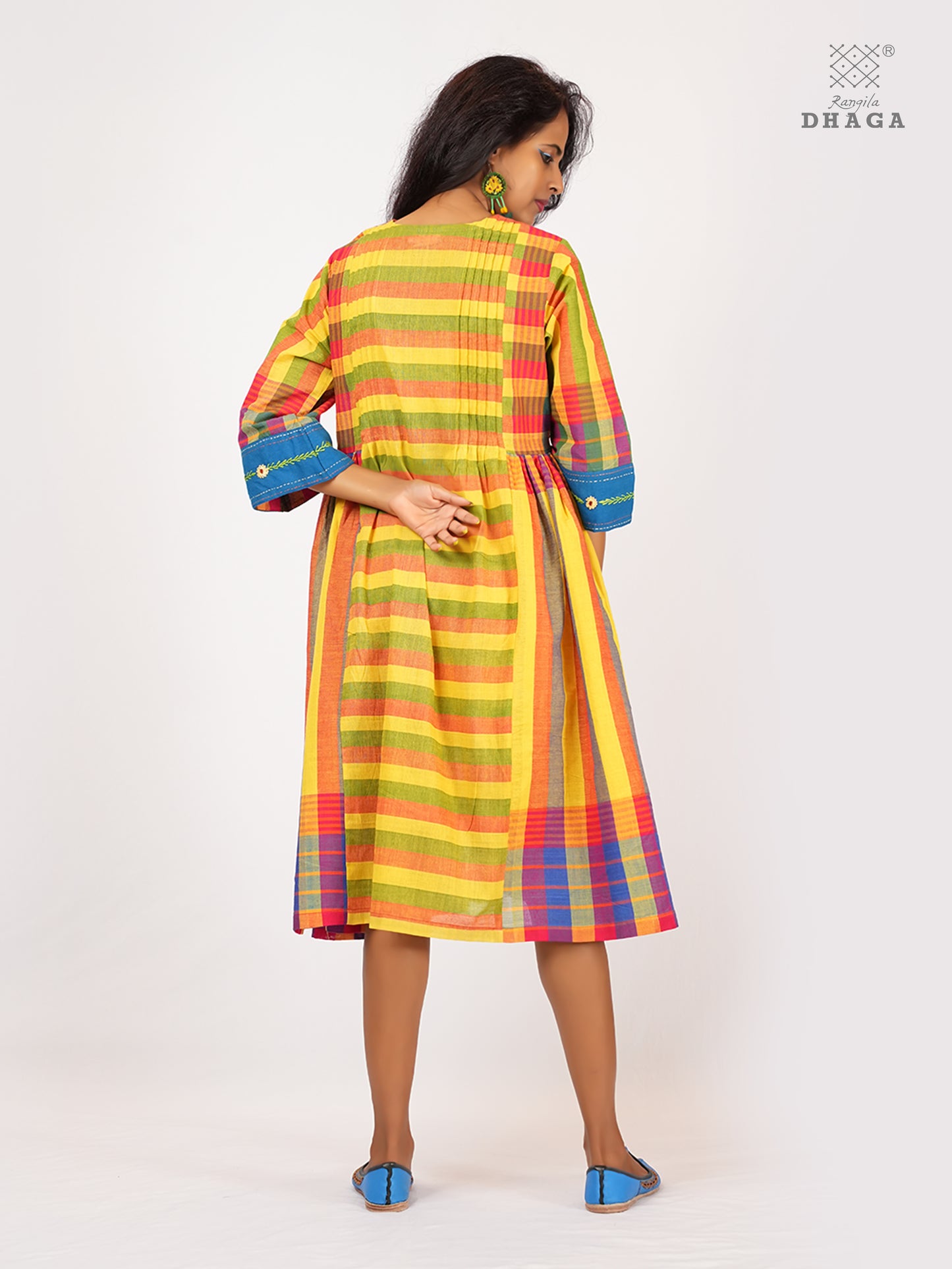 Handembroidered Handloom Gamcha Pintuck Yoke Gathered Dress | Artisan Cotton Dress with Pockets| Rangila Dhaga KD007