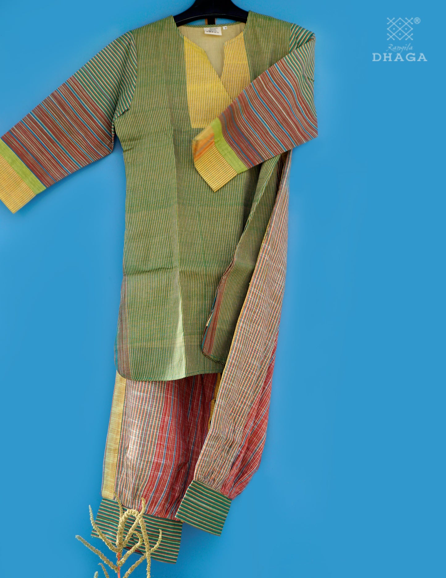 Green Handloom Gamcha Cotton Kurti | V-Notch Neck Kurti for Women CODE01
