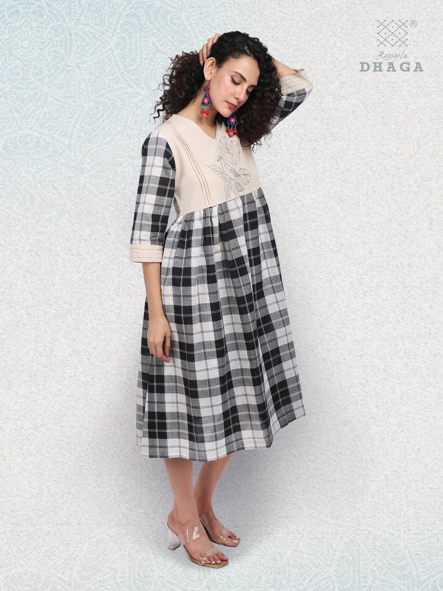 Monochrome Charm – Handloom Checkered Cotton Dress with Embroidered Bird & Pockets D43