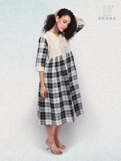 Monochrome Charm – Handloom Checkered Cotton Dress with Embroidered Bird & Pockets D43