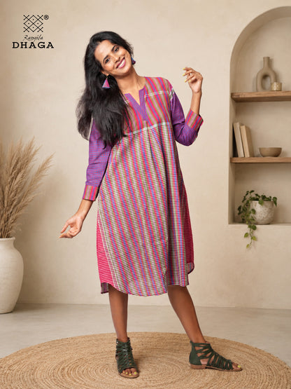 Handloom Gamcha Cotton Multicolour Dress with Pockets | Rangila Dhaga  K12