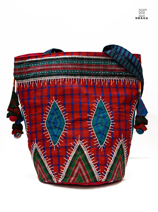 Hand-Embroidered  Gamcha Potli Tote Bag Red     Bag23