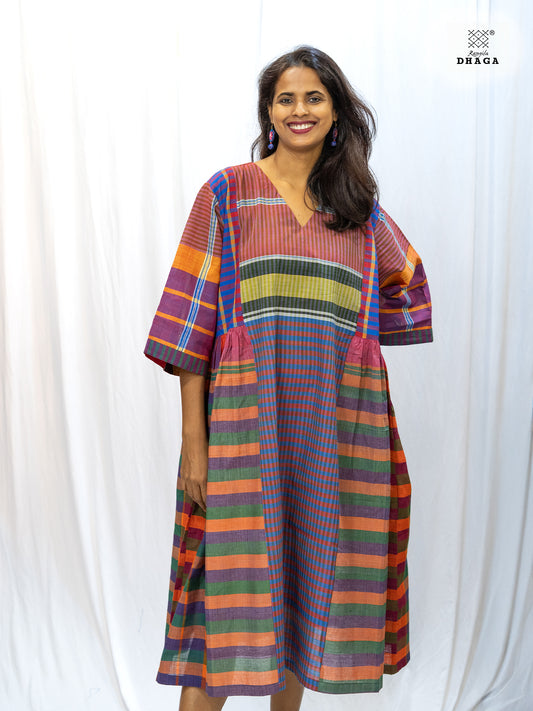 Multicolor Handloom Gamchha Free Size Dress with Pockets – Knee Length, Flared Fit D52