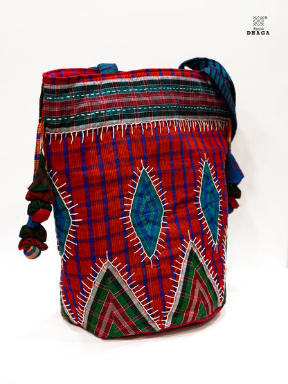 Hand-Embroidered  Gamcha Potli Tote Bag Red     Bag23
