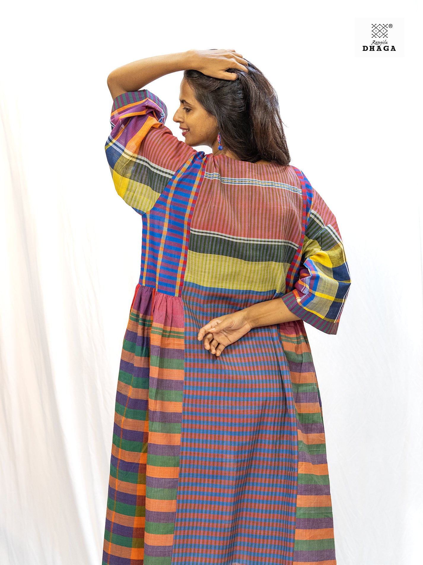 Multicolor Handloom Gamchha Free Size Dress with Pockets – Knee Length, Flared Fit D52