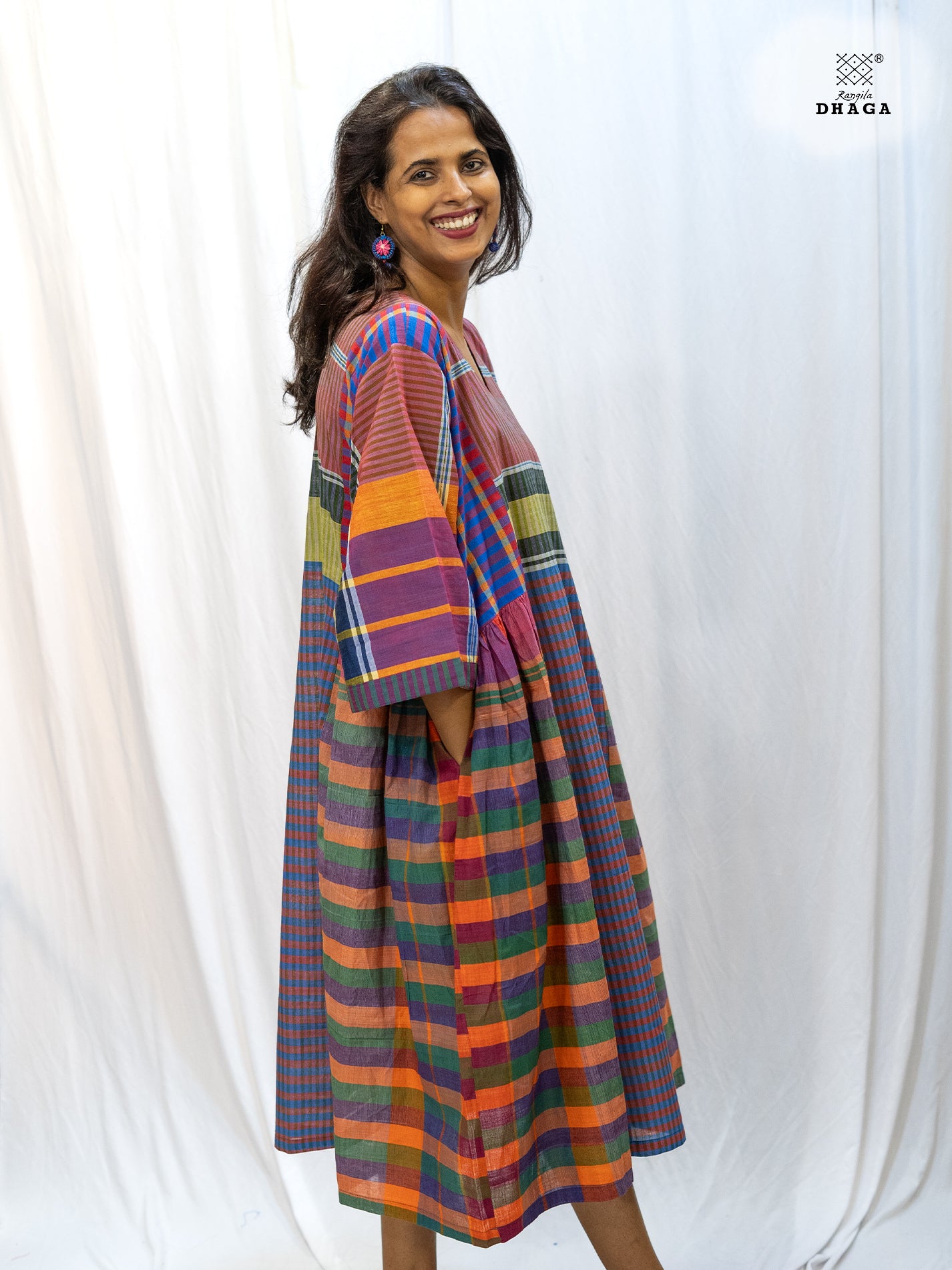 Multicolor Handloom Gamchha Free Size Dress with Pockets – Knee Length, Flared Fit D52