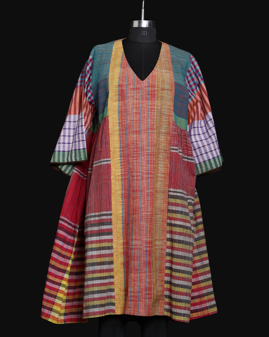 Handloom cotton Gamcha Atrangi Multicolor Dress with bothside pockets