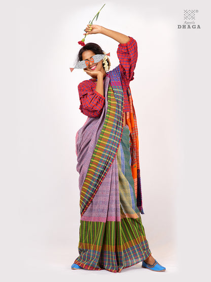 Hand-Embroidered Fish-Fishy Handloom Gamcha Patchwork Kantha Stitch Saree |  Includes Blouse Piece GS126