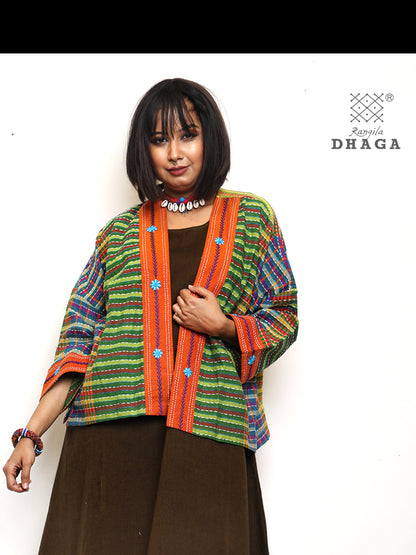 Handembroidered kantha stitch gamcha free size short jaket with hand embroidered flower desing border