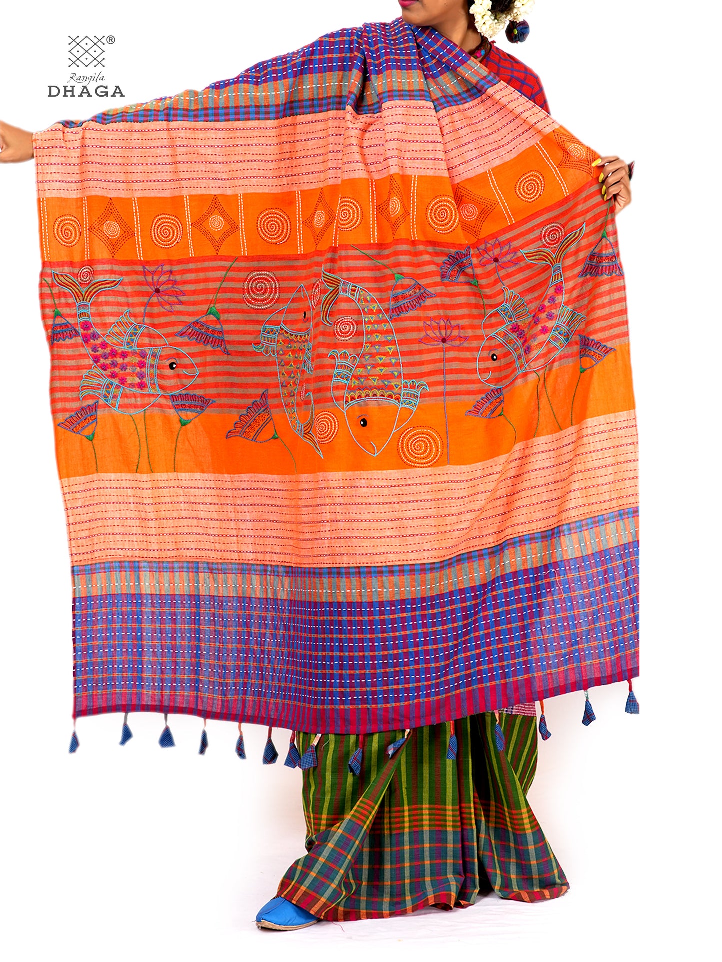 Hand-Embroidered Fish-Fishy Handloom Gamcha Patchwork Kantha Stitch Saree |  Includes Blouse Piece GS126