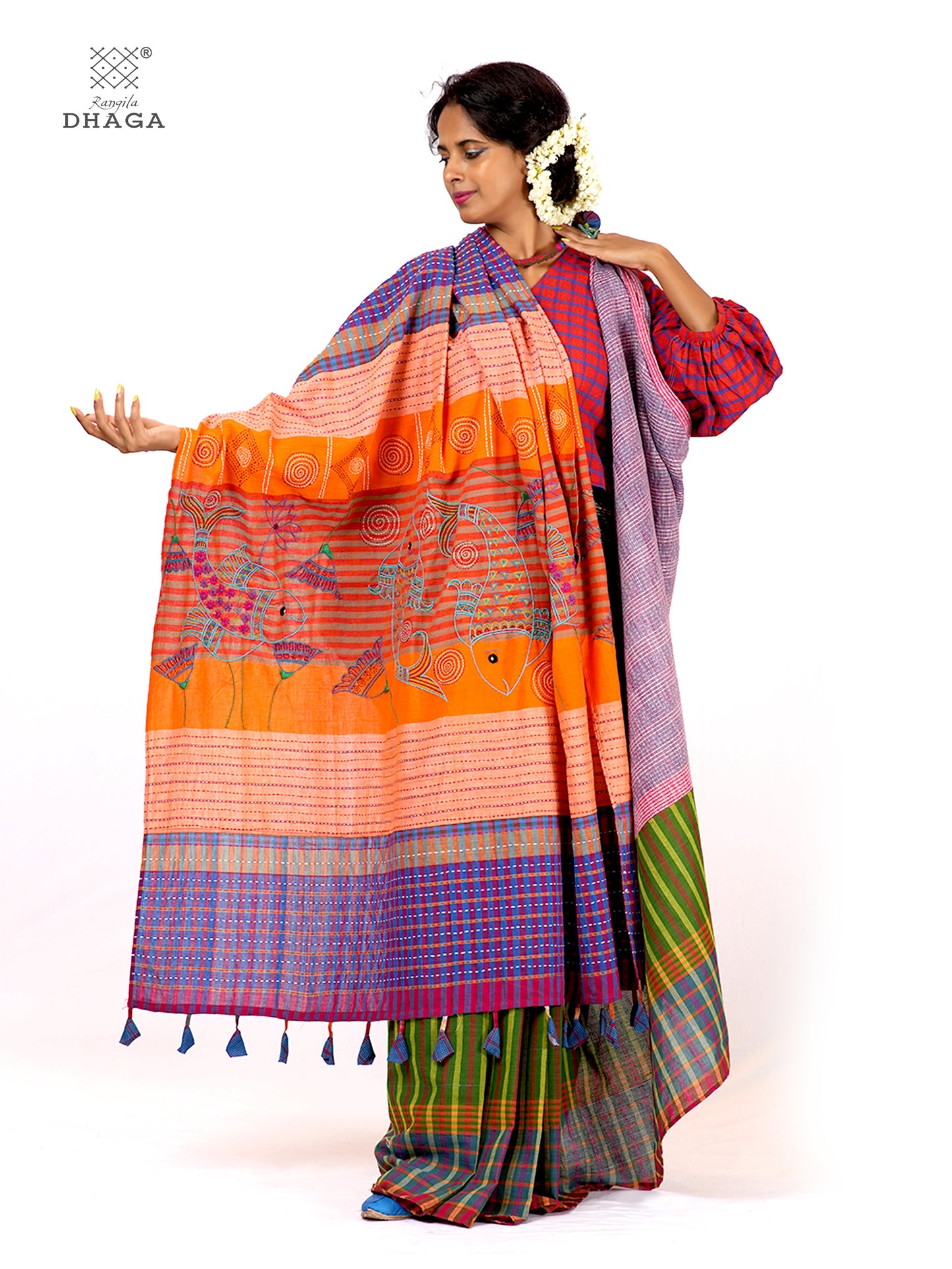 Hand-Embroidered Fish-Fishy Handloom Gamcha Patchwork Kantha Stitch Saree |  Includes Blouse Piece GS126