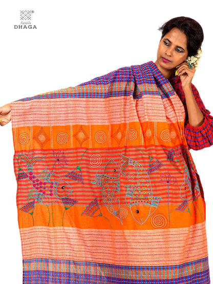 Hand-Embroidered Fish-Fishy Handloom Gamcha Patchwork Kantha Stitch Saree |  Includes Blouse Piece GS126