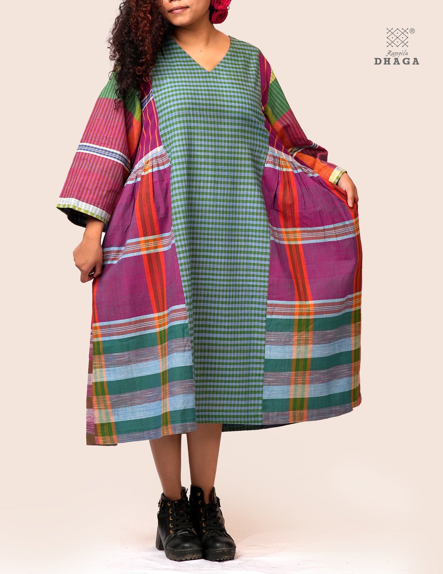 Hand Embroidered Multicolor Handloom Gamcha Dress | Artisan Cotton Dress | Rangila Dhaga | Rangila Dhaga KD006