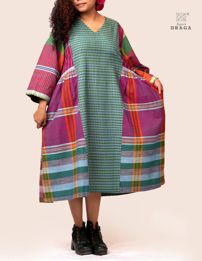 Hand Embroidered Multicolor Handloom Gamcha Dress | Artisan Cotton Dress | Rangila Dhaga | Rangila Dhaga KD006