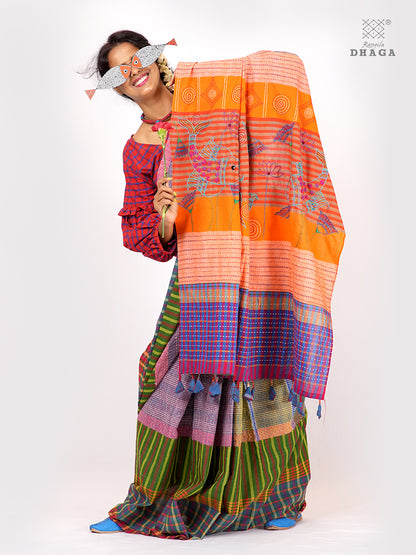Hand-Embroidered Fish-Fishy Handloom Gamcha Patchwork Kantha Stitch Saree |  Includes Blouse Piece GS126