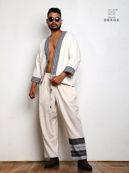 Handloom Cotton Ivory Co-Ord Set with Black White Gamcha Border & Kantha Stitch Man22