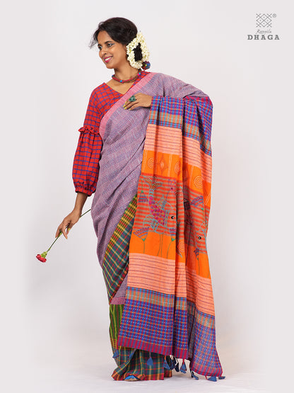 Hand-Embroidered Fish-Fishy Handloom Gamcha Patchwork Kantha Stitch Saree |  Includes Blouse Piece GS126