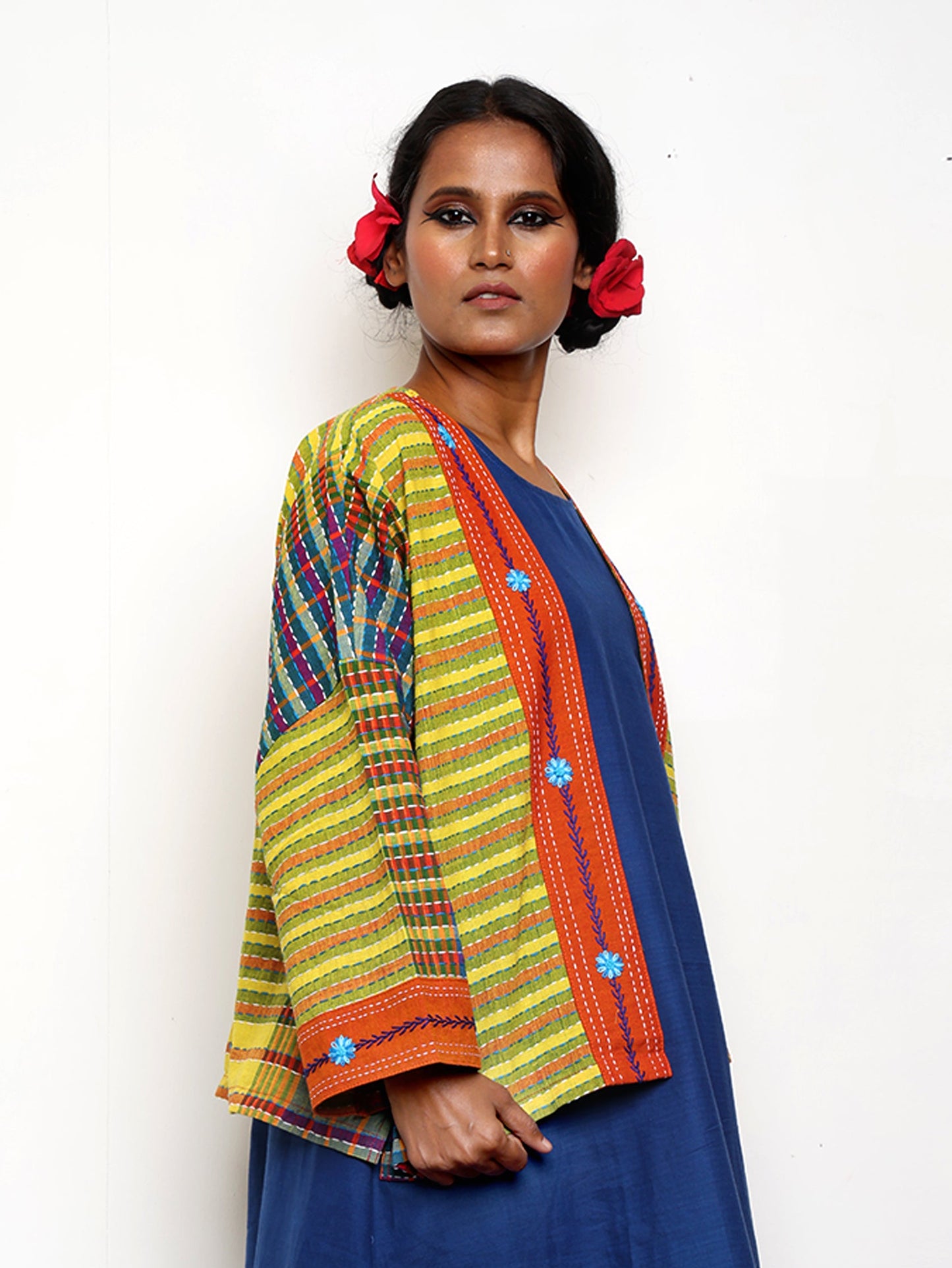 Handembroidered kantha stitch gamcha free size short jaket with hand embroidered flower desing border