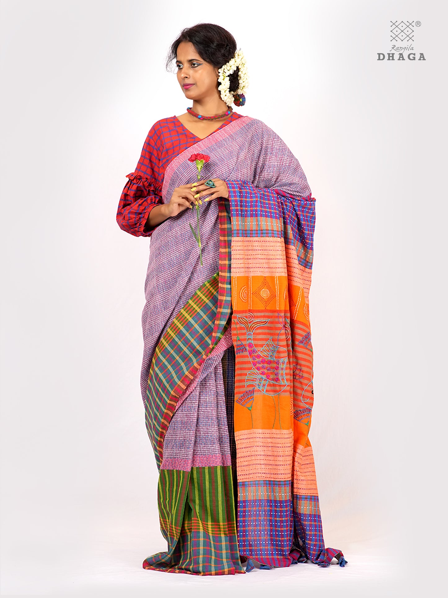 Hand-Embroidered Fish-Fishy Handloom Gamcha Patchwork Kantha Stitch Saree |  Includes Blouse Piece GS126