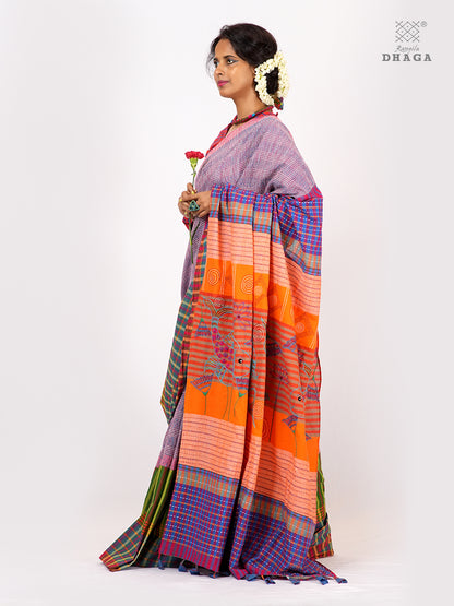 Hand-Embroidered Fish-Fishy Handloom Gamcha Patchwork Kantha Stitch Saree |  Includes Blouse Piece GS126