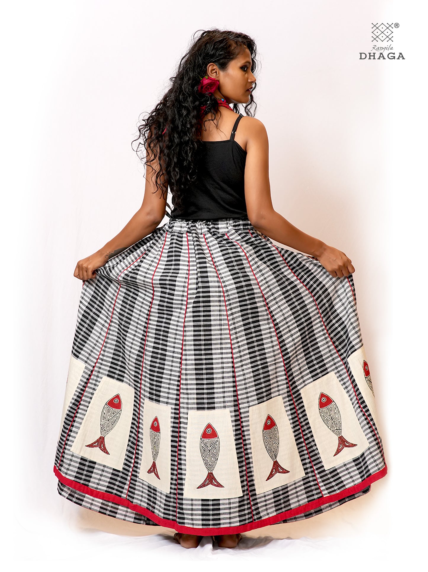 Hand-Painted Fish-Fishy Handloom Gamcha Circular Skirt | Adjustable Drawstring Waist | Side Pocket | - GS006