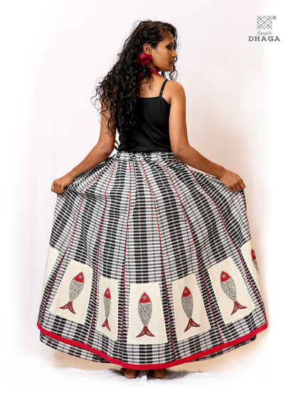 Hand-Painted Fish-Fishy Handloom Gamcha Circular Skirt | Adjustable Drawstring Waist | Side Pocket | - GS006