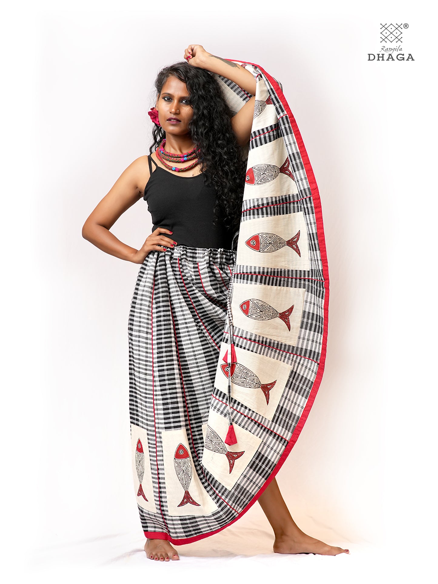Hand-Painted Fish-Fishy Handloom Gamcha Circular Skirt | Adjustable Drawstring Waist | Side Pocket | - GS006