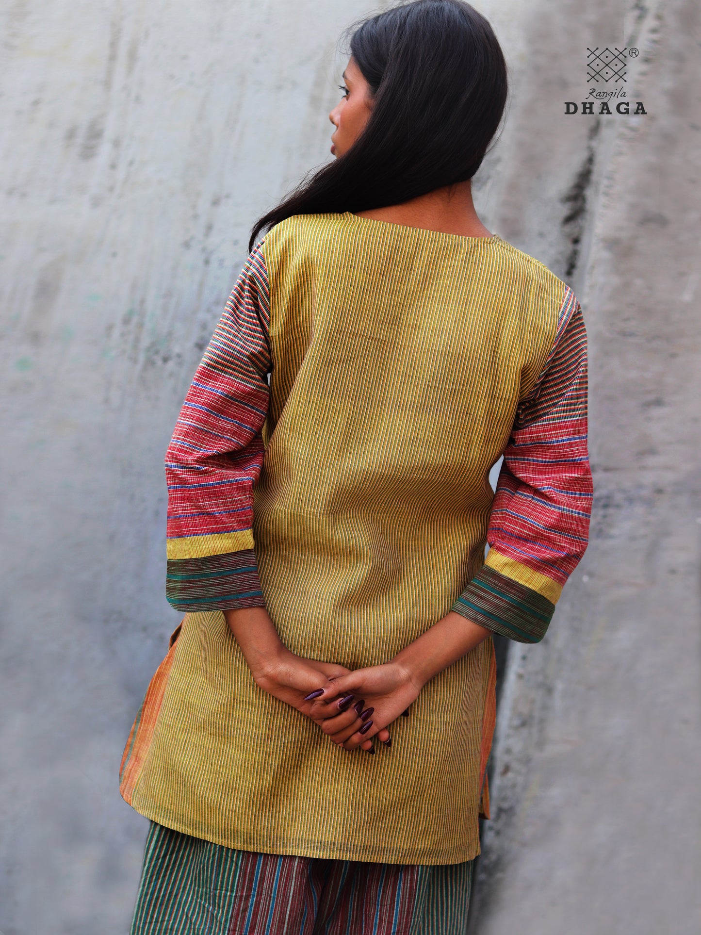 Handloom Cotton Gamcha Co-ord Set for Women – Yellow-Green Striped Kurti with Lining and Relaxed Fit Pocket Pants -CODE02