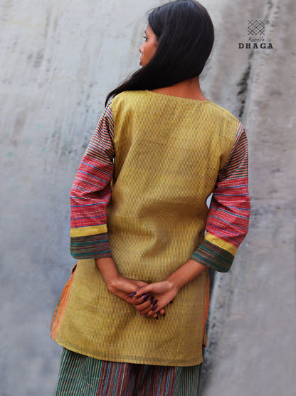 Handloom Cotton Gamcha Co-ord Set for Women – Yellow-Green Striped Kurti with Lining and Relaxed Fit Pocket Pants -CODE02