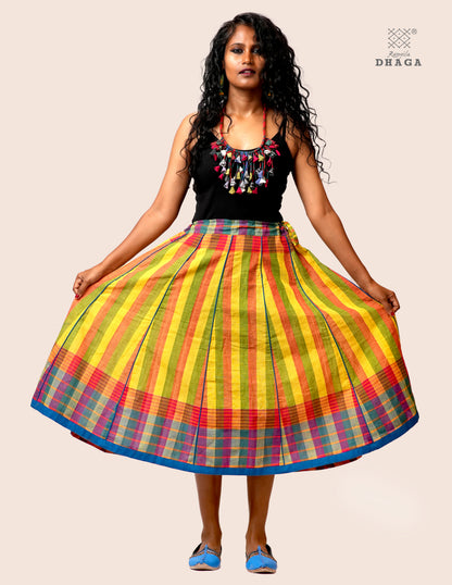 Handloom Gamcha Pleated  Skirt  | Multicolor | Rangila Dhaga   - GS002
